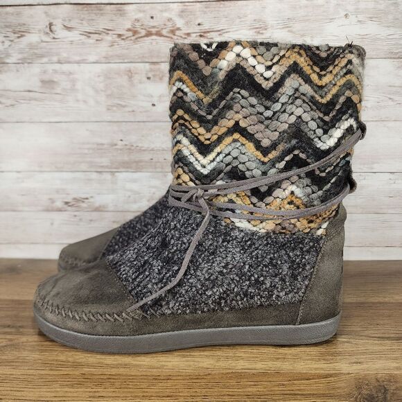 Toms Womens Nepal Aztec Gray Faux Fur Moccasin Boots Winter Boho Size 8.5 - Picture 3 of 7